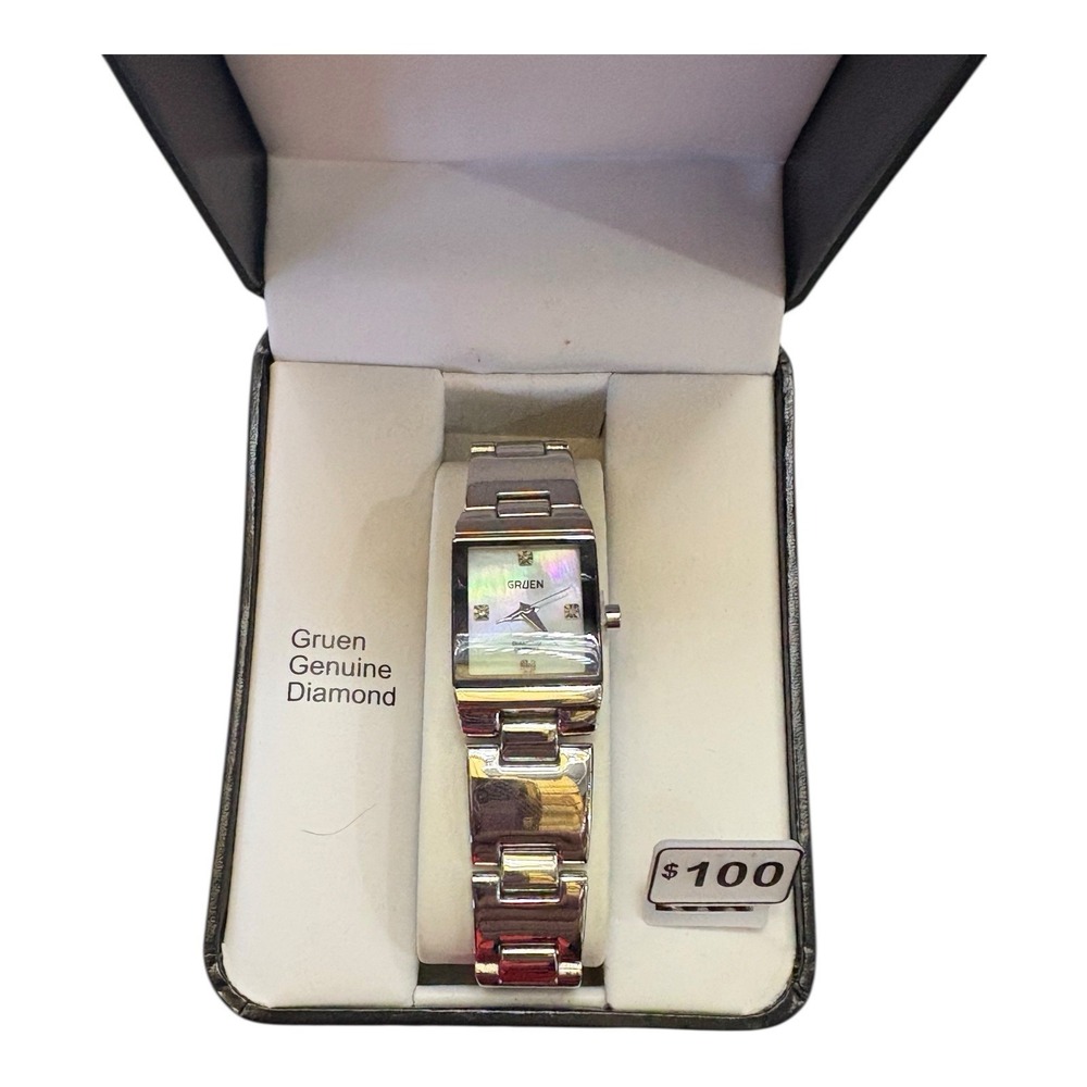 Gruen Genuine Diamond Watch Silvertone Mother of Pearl Face New in Box